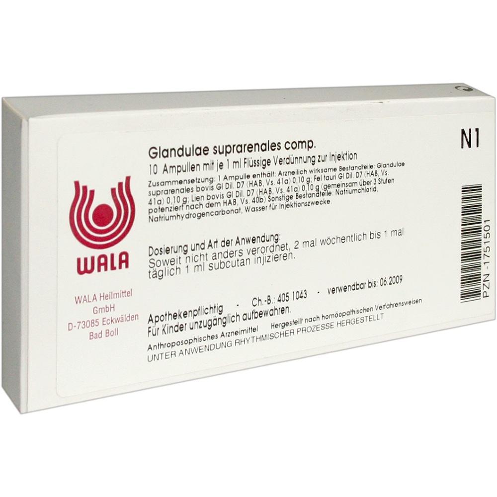Wei&szlig;e Verpackung mit der Aufschrift "Glandulae suprarenales comp." und dem Logo der Firma WALA.