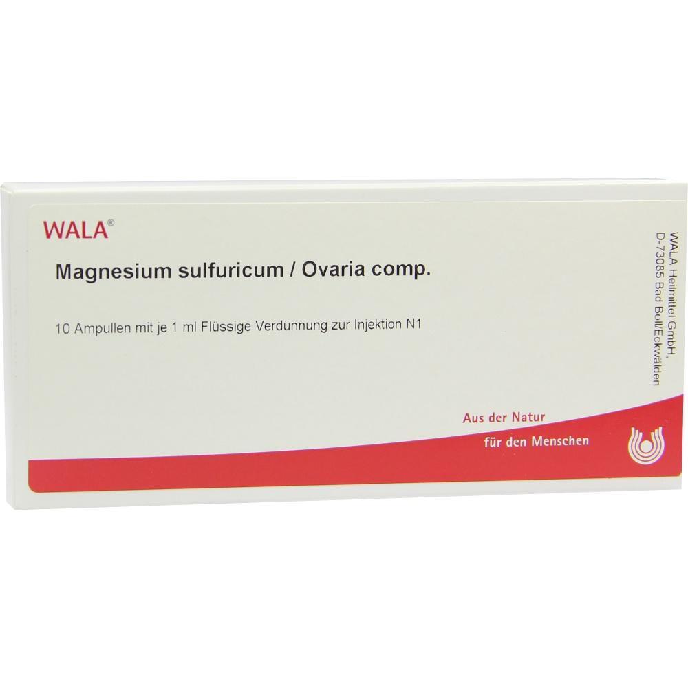 Eine wei&szlig;e Schachtel mit dem Text "Magnesium sulfuricum / Ovaria comp."