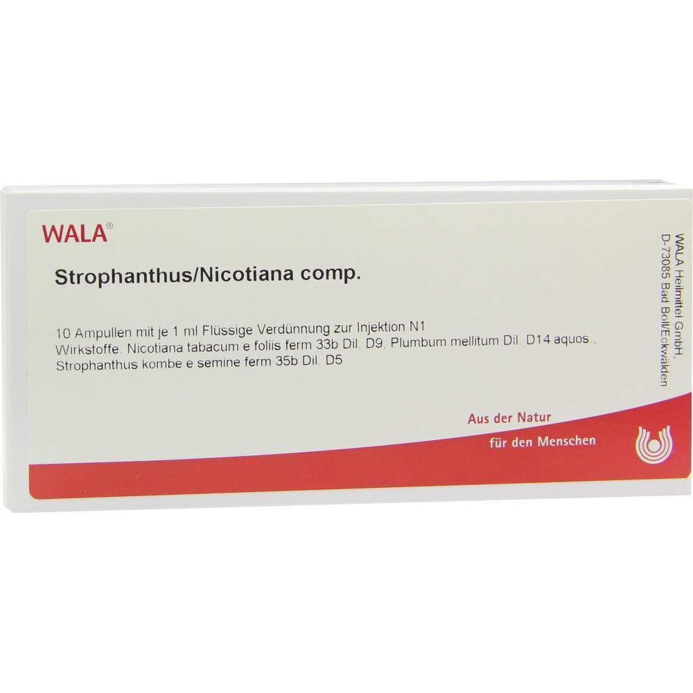 Weiße Verpackung mit der Aufschrift "Strophanthus/Nicotiana comp." von WALA.