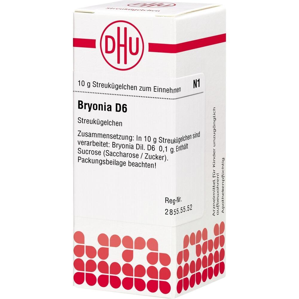 Weiße Verpackung für Bryonia D6 Streukügelchen mit rotem DHU-Logo.