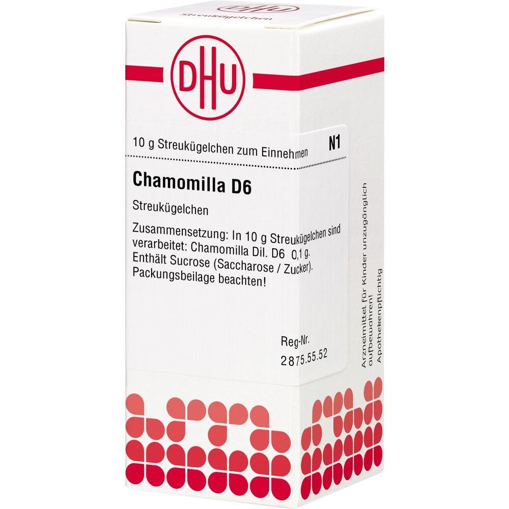 Weiße Schachtel mit der Aufschrift Chamomilla D6 von DHU, homöopathische Streukügelchen.