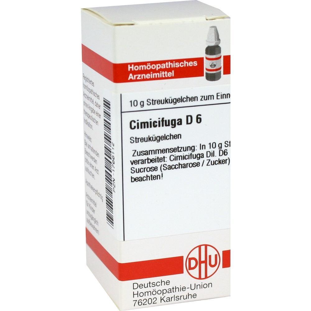 Weiße Schachtel mit Aufschrift: "Cimicifuga D 6, homöopathisches Arzneimittel".
