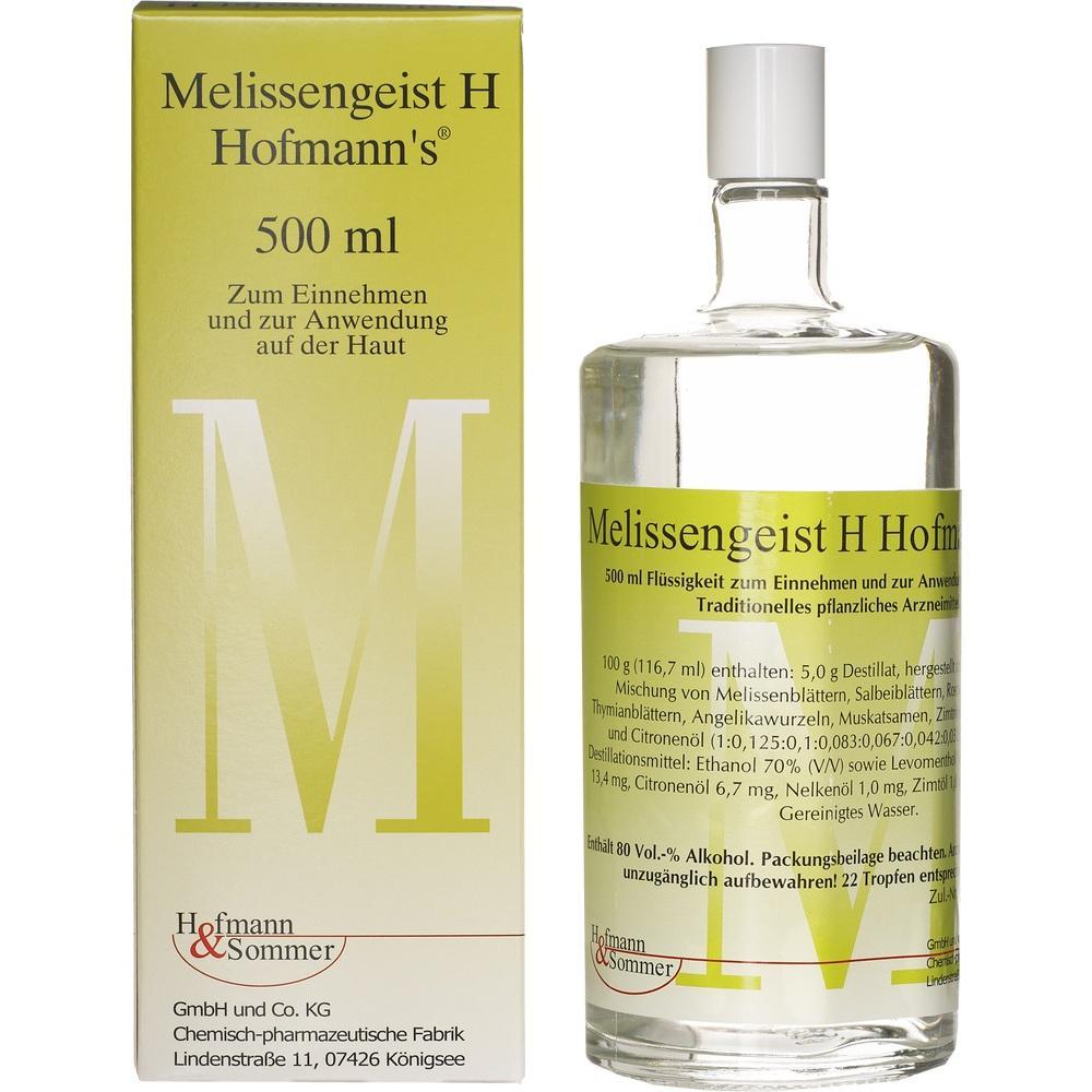 Eine Flasche und Schachtel Melissengeist H Hofmann's, 500 ml, pflanzliches Arzneimittel.
