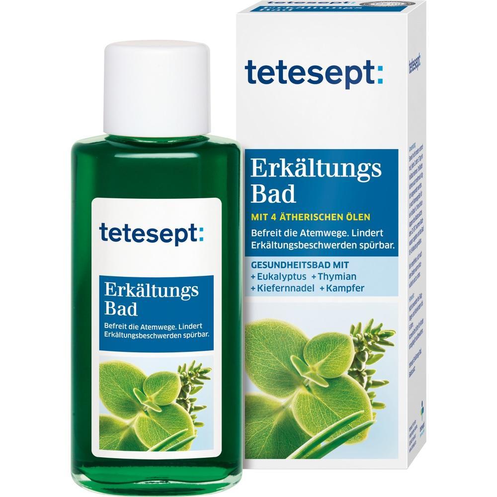 Grüne Flasche und Verpackung von Tetesept Erkältungsbad mit ätherischen Ölen.