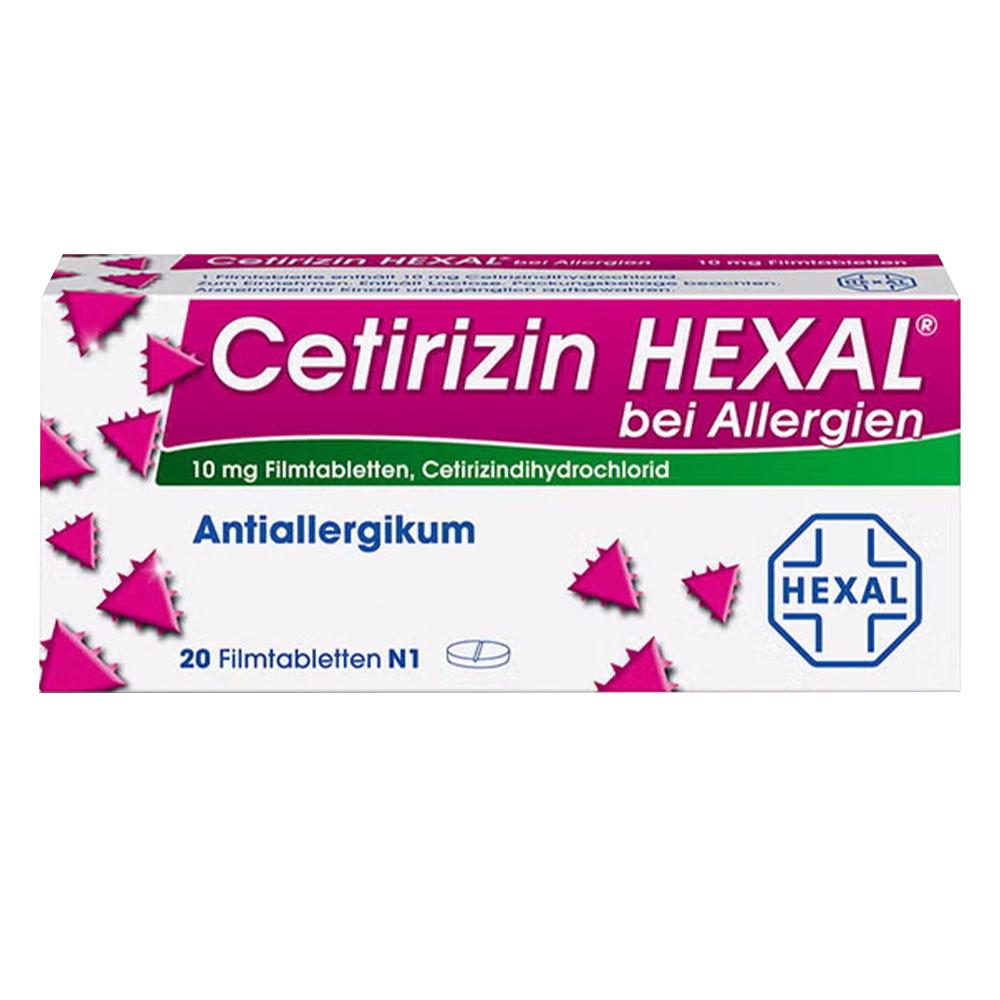 Weiße Schachtel mit rosa Dreiecken und dem Text "Cetirizin HEXAL bei Allergien".