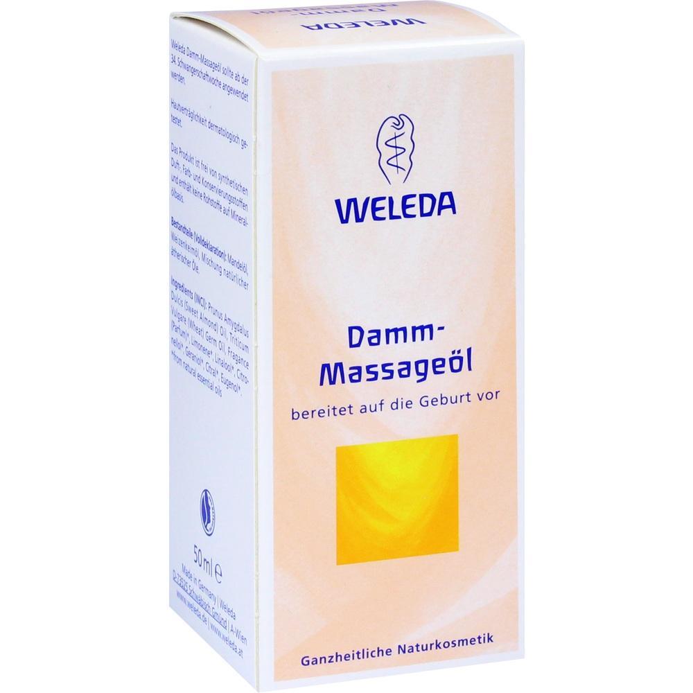 Eine Verpackung von Weleda-Damm-Massageöl zur Geburtsvorbereitung.