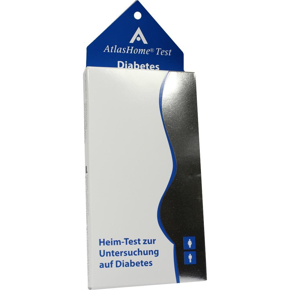 Weiße Packung eines Diabetes-Heimtests von AtlasHome mit blauem Schild oben.