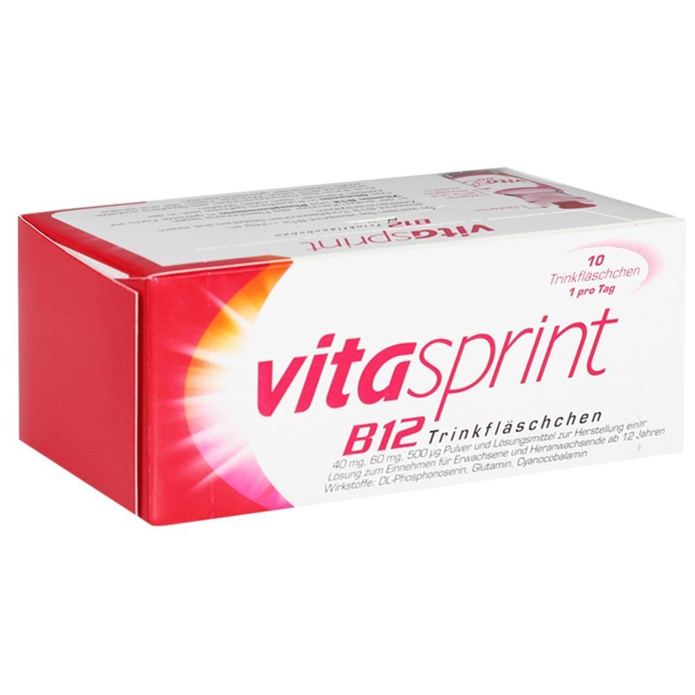 Eine rote Packung mit Vitamindrinkfläschchen namens Vitasprint B12.