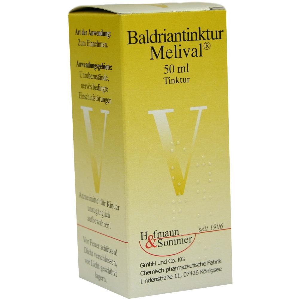 Gelbe Verpackung für Baldriantinktur zur Beruhigung und bei Schlafstörungen, 50 ml Flasche.