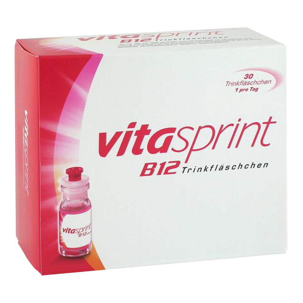 Weiße Verpackung von Vitasprint B12 mit roter Schrift und einem kleinen Fläschchen.