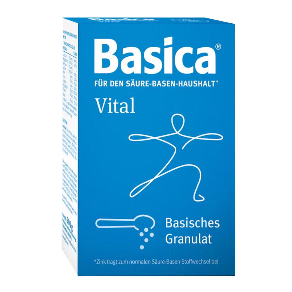 Blaue Verpackung von Basica Vital mit einem stilisierten Menschen als weiße Linie.