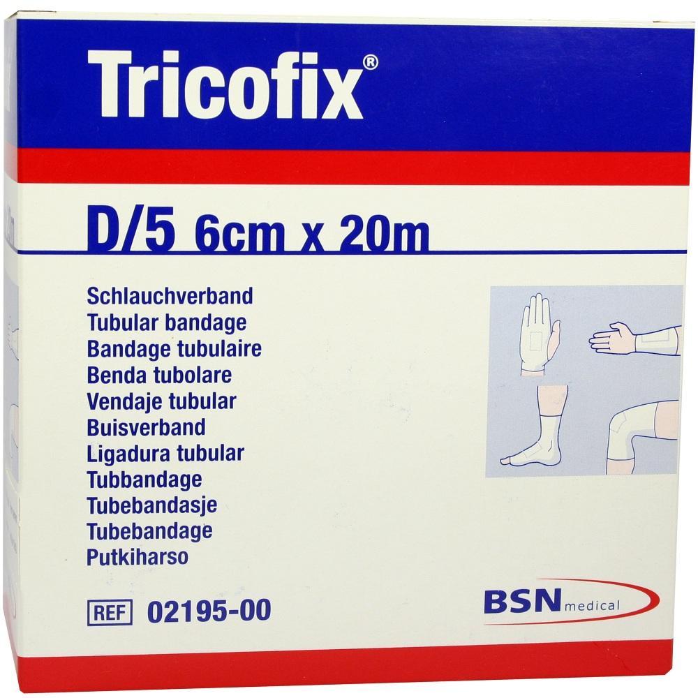 Eine Verpackung mit einem Schlauchverband von Tricofix, Größe D/5, 6 cm x 20 m.