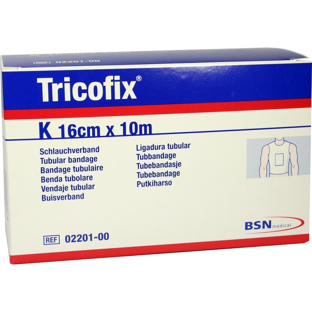 Verpackung eines Schlauchverbandes namens Tricofix, 16 cm x 10 m.