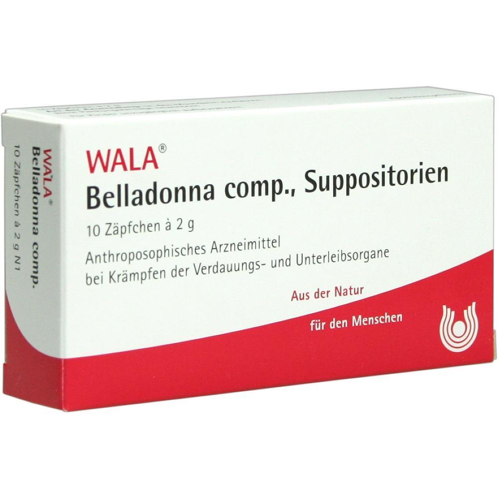 Eine Verpackung von WALA Belladonna comp. Z&auml;pfchen zur Linderung von Kr&auml;mpfen.
