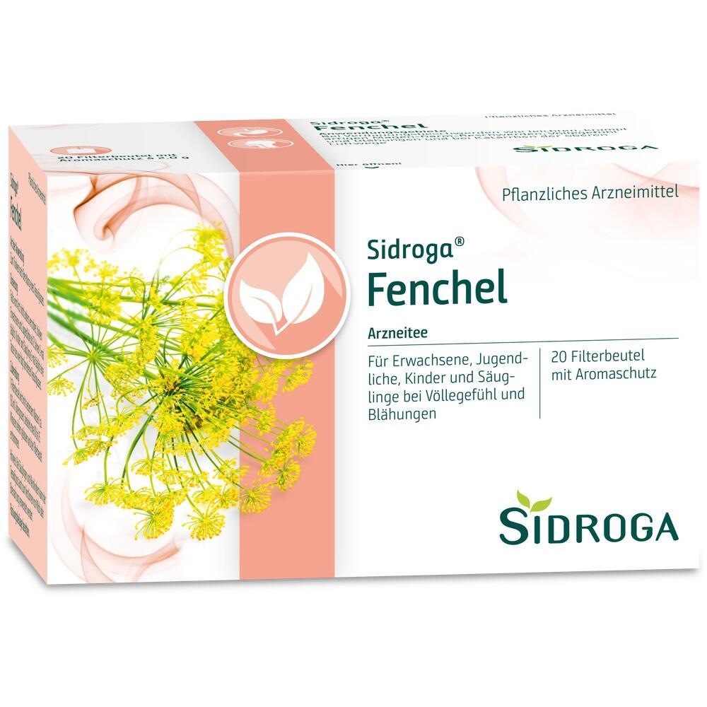 Verpackung von Sidroga Fencheltee, ein pflanzliches Arzneimittel gegen Blähungen.