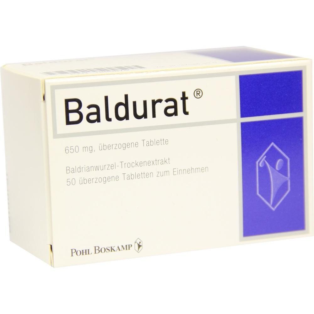 Eine Packung Baldurat-Tabletten mit Baldrianwurzel-Extrakt.