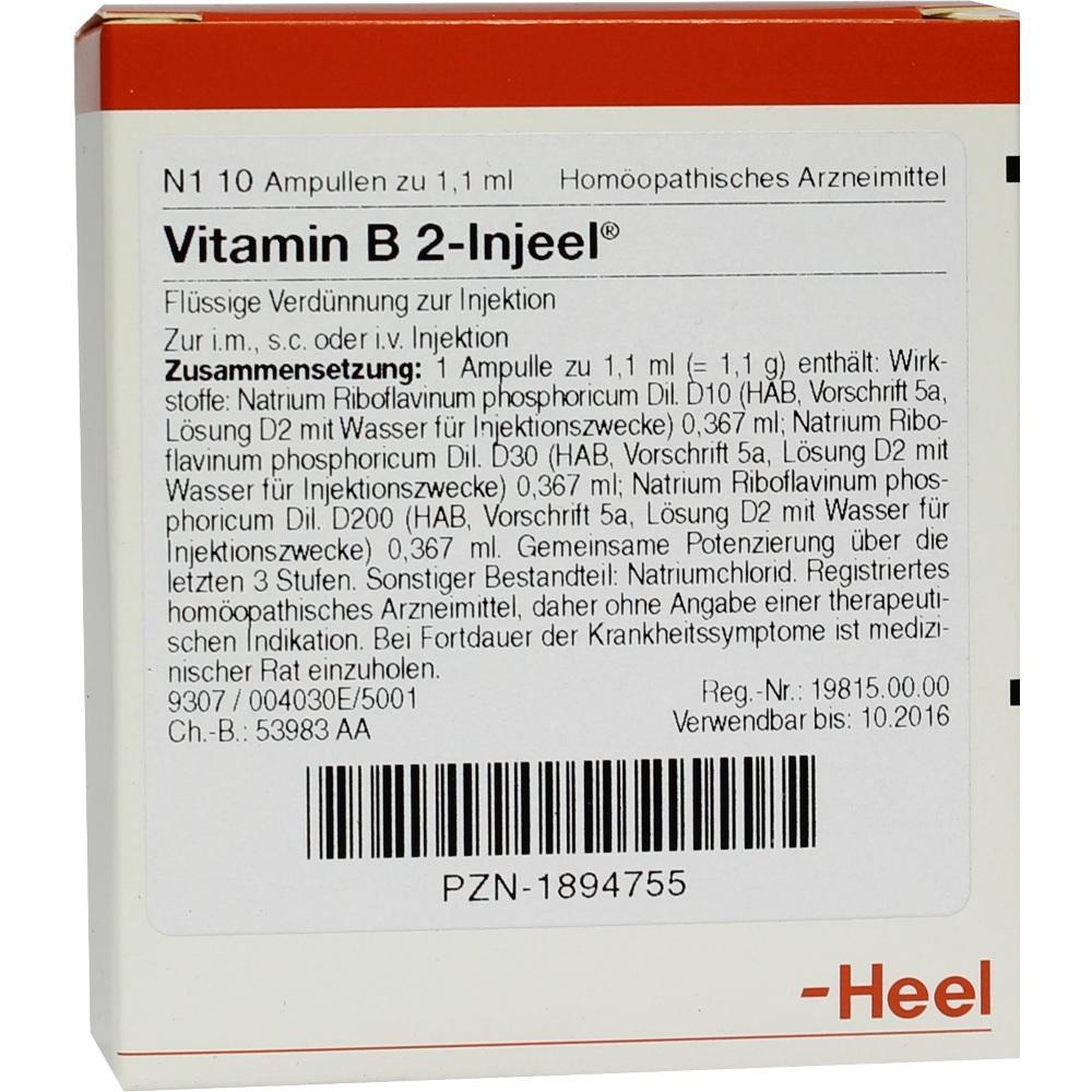 Verpackung einer homöopathischen Vitamin-B2-Injektion mit Inhaltsangaben.