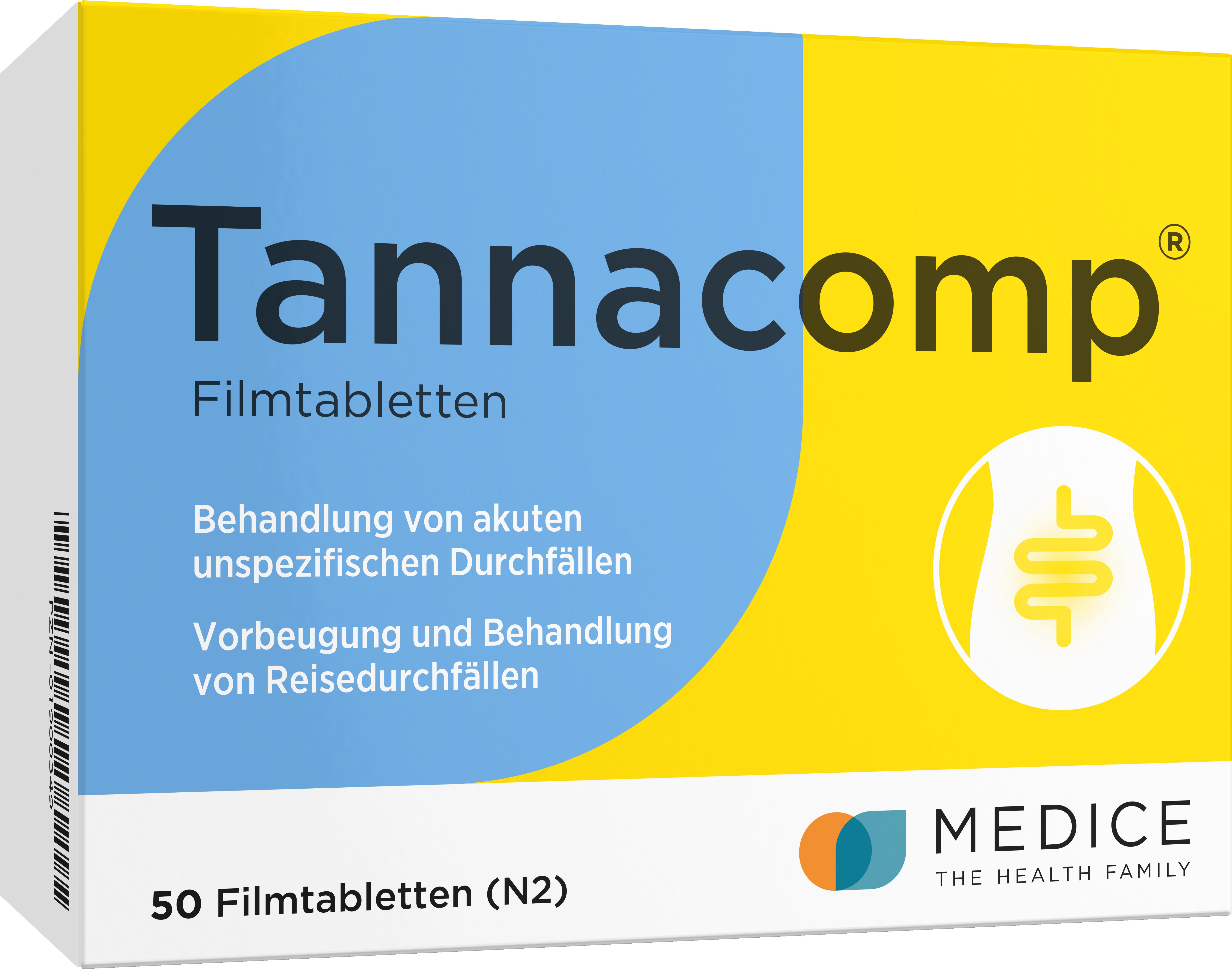 Grüne Verpackung von Tannacomp-Tabletten zur Behandlung und Vorbeugung von Durchfall.