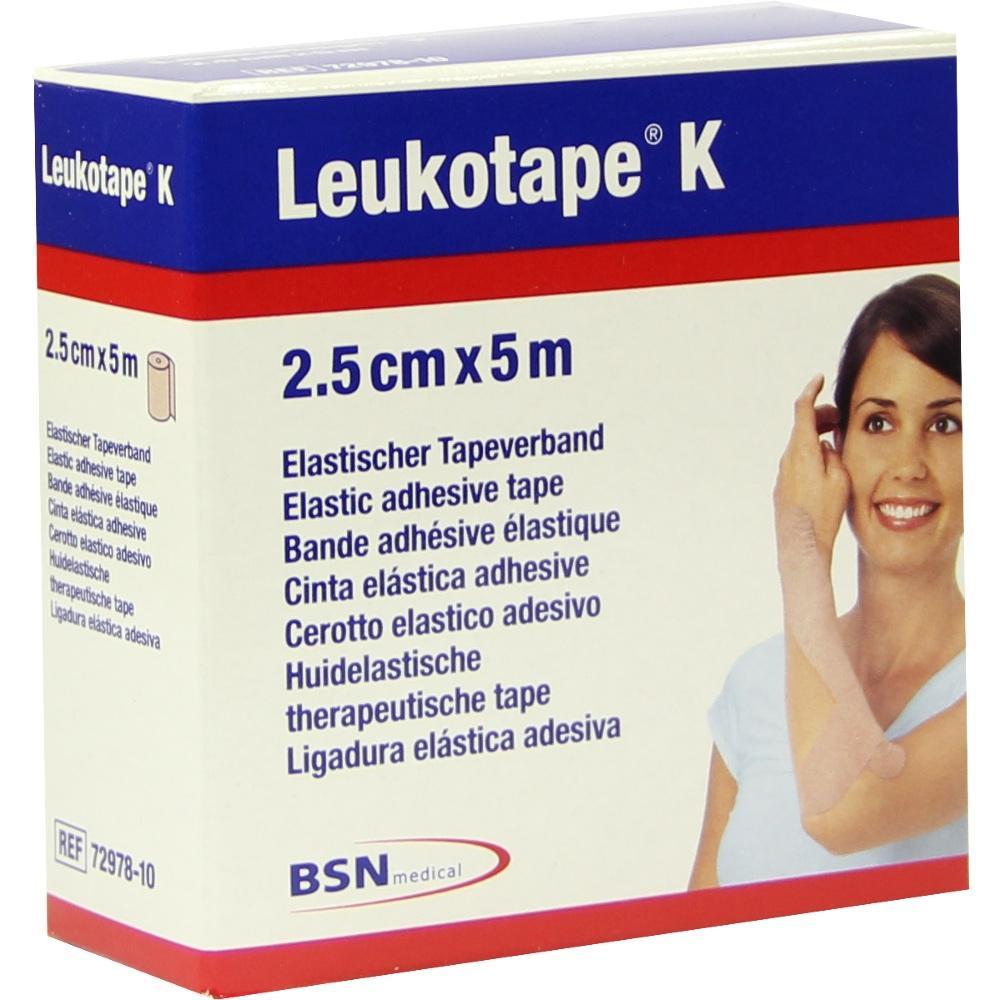 Eine Packung Leukotape K mit elastischem Klebeband, Bild einer lächelnden Person.