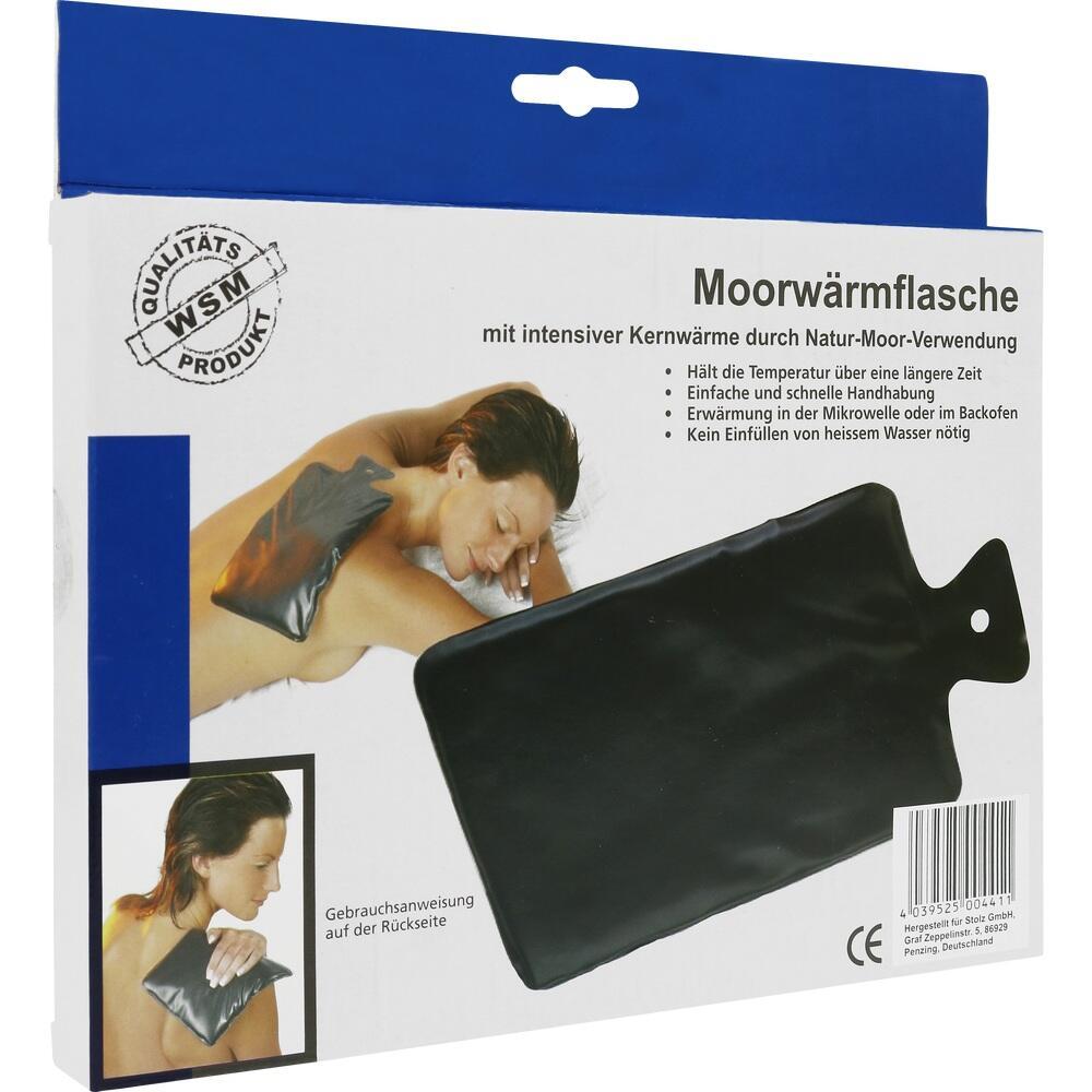 Moorwärmflasche in Verpackung mit Anleitung zur Verwendung bei Schmerzlinderung.