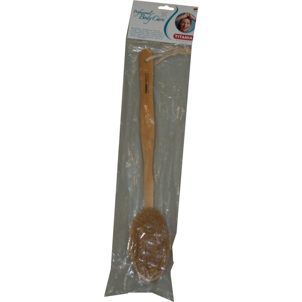 Eine lange Holzbürste ist in einer durchsichtigen Verpackung zu sehen.