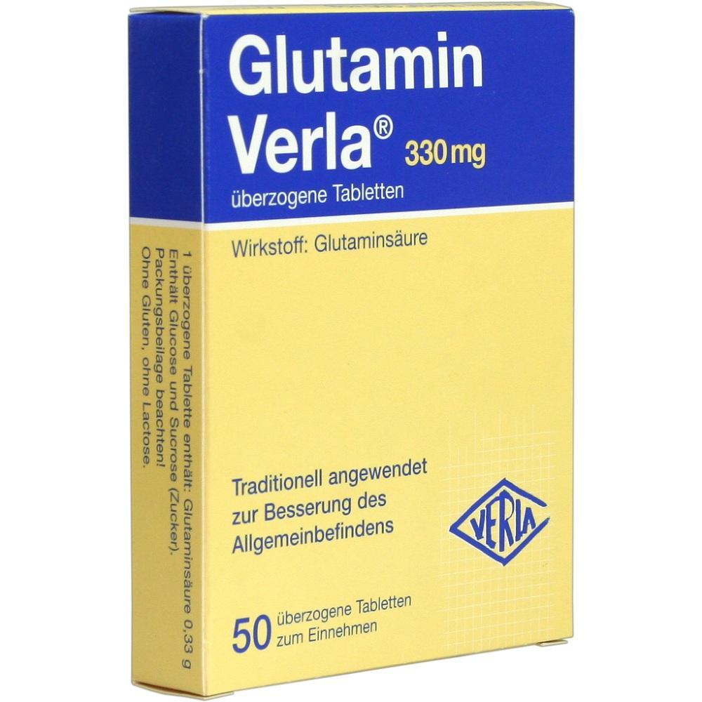 Gelbe Medikamentenverpackung von Glutamin Verla mit 50 Tabletten zur Verbesserung des Wohlbefindens.