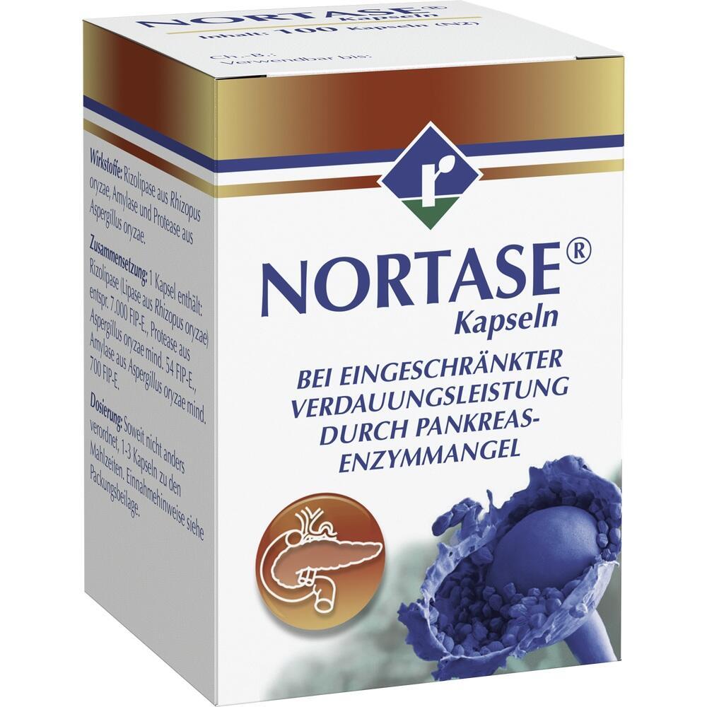 Verpackung von Nortase Kapseln zur Unterstützung der Verdauung bei Enzymmangel.