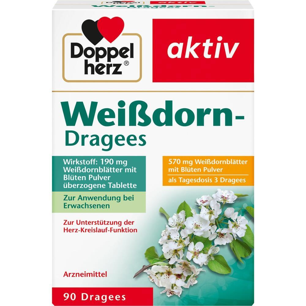 Verpackung von Wei&szlig;dorn-Dragees zur Unterst&uuml;tzung der Herz-Kreislauf-Funktion.