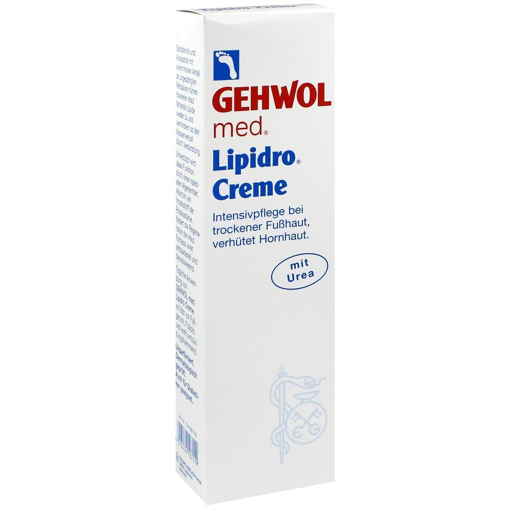 Eine weiße Verpackung von GEHWOL med Lipidro Creme für trockene Füße.