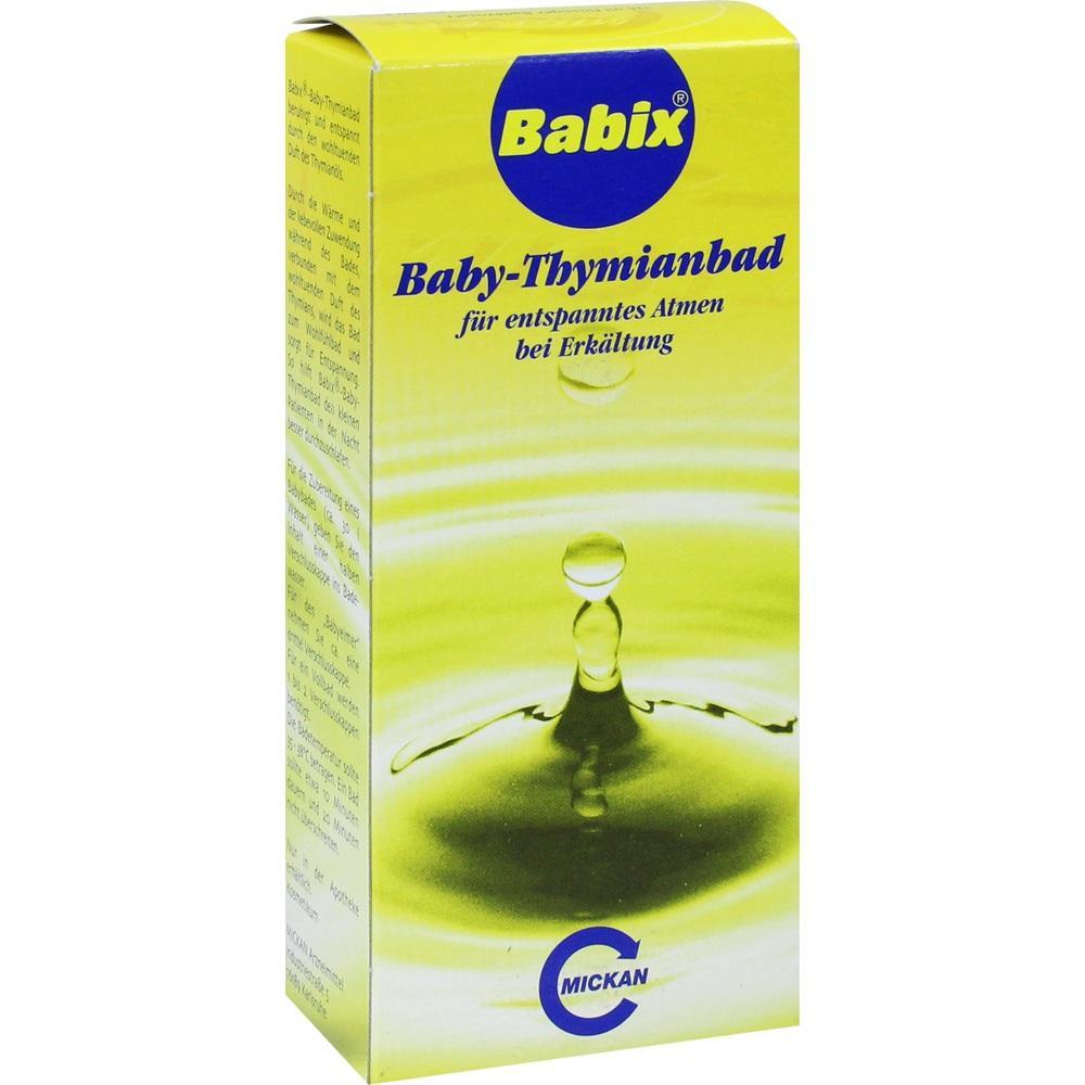 Gelbe Verpackung eines Baby-Thymianbads von Babix für Erkältungen.