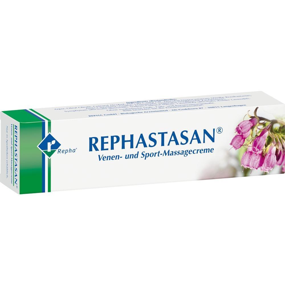 Eine weiße Verpackung einer Venen- und Sport-Massagecreme mit lila Blüten.