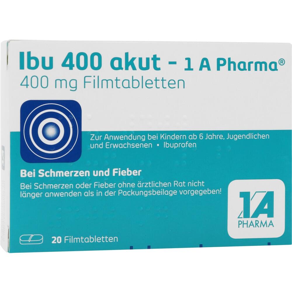 Eine Packung Ibu 400 akut von 1 A Pharma mit 20 Schmerztabletten.