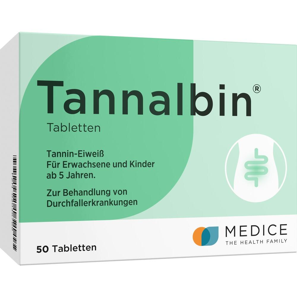 Grüne Packung Tannalbin Tabletten zur Behandlung von Durchfall, geeignet ab 5 Jahren.