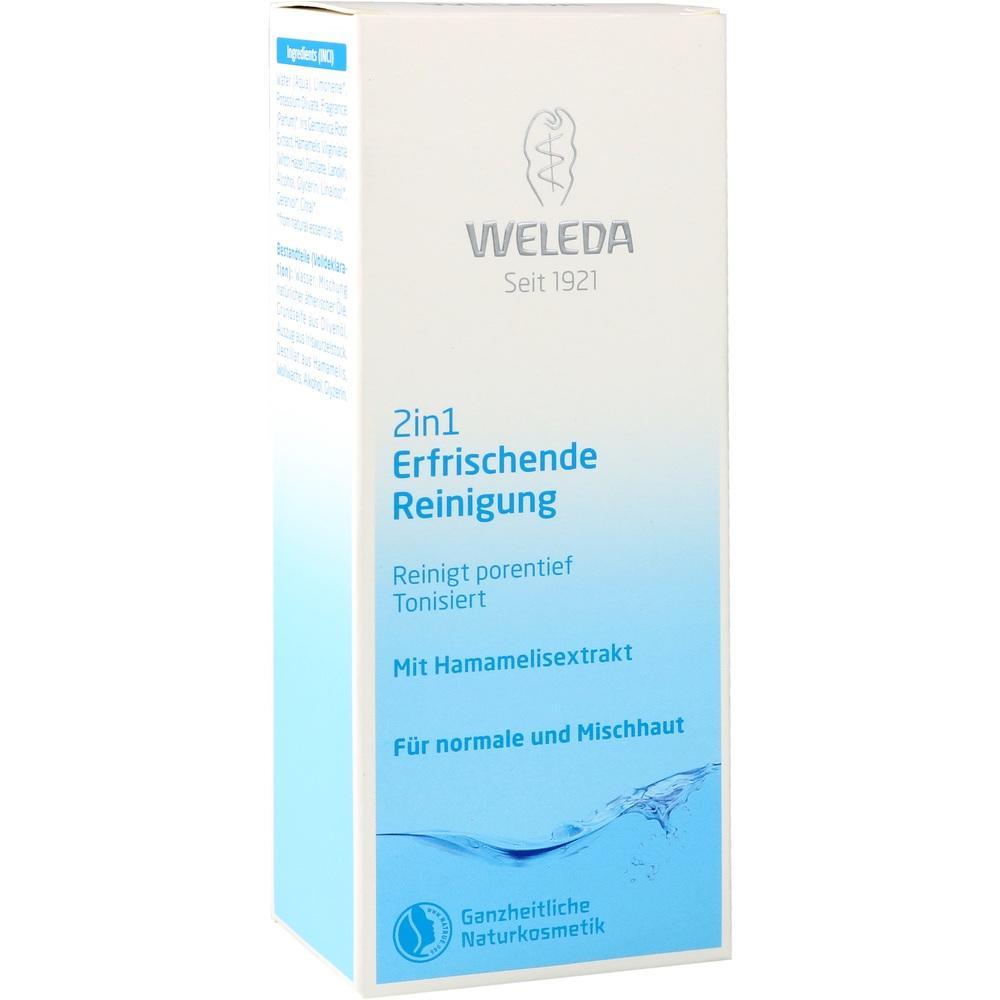Weiße Verpackung mit blauer Aufschrift für Weleda 2in1 Gesichtspflege.