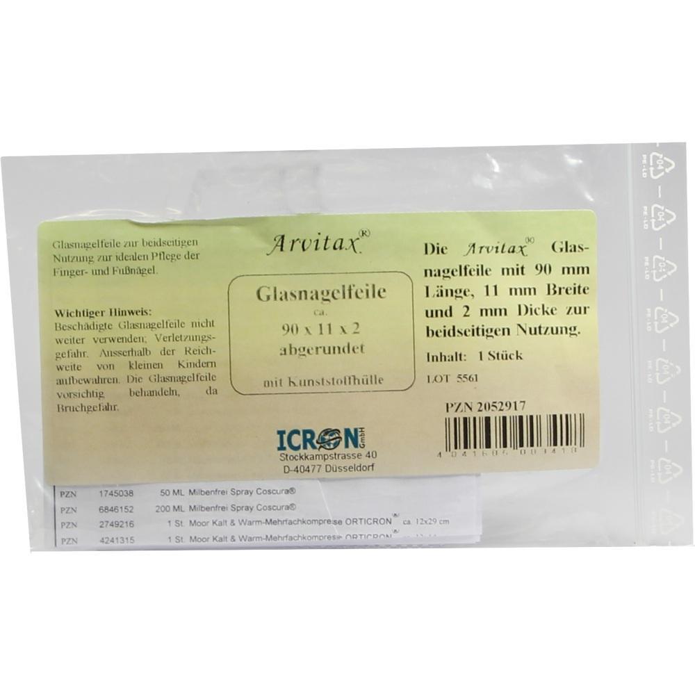 Verpackung einer Glasnagelfeile mit Informationen zu Größe und Verwendung.