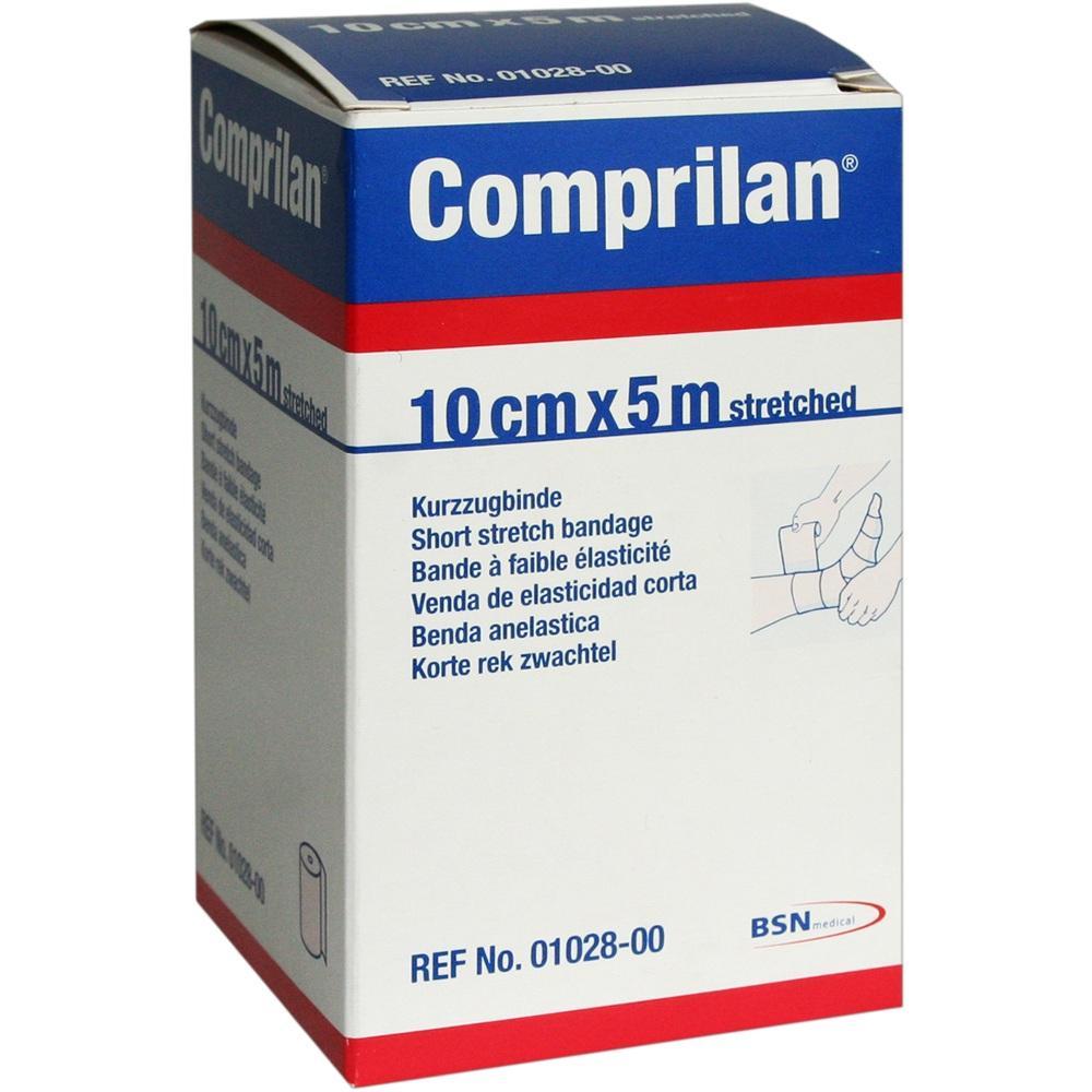 Eine blaue und weiße Packung mit der Aufschrift "Comprilan" zeigt eine elastische Binde.