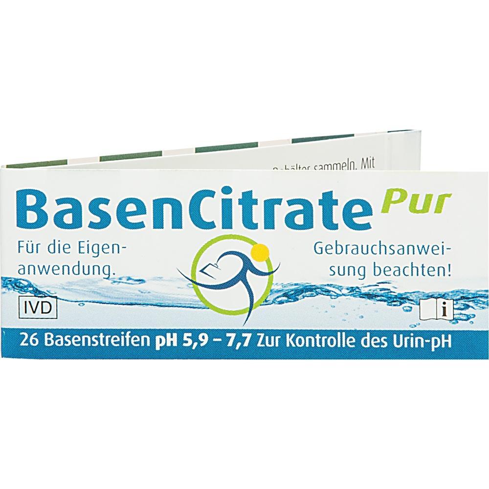 Verpackung von BasenCitrate Pur mit pH-Teststreifen zur Kontrolle des Urin-pH-Werts.
