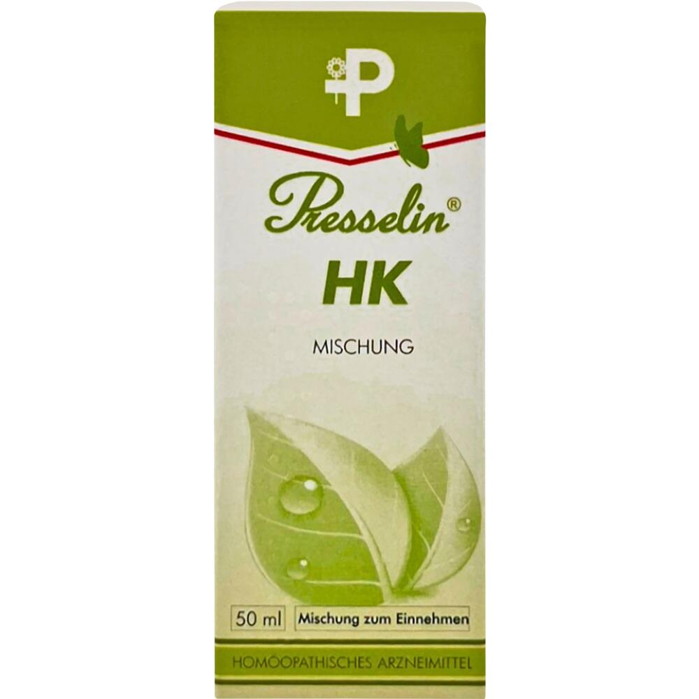 Grüne Schachtel mit der Aufschrift "Presselin HK Mischung", homöopathisches Arzneimittel.