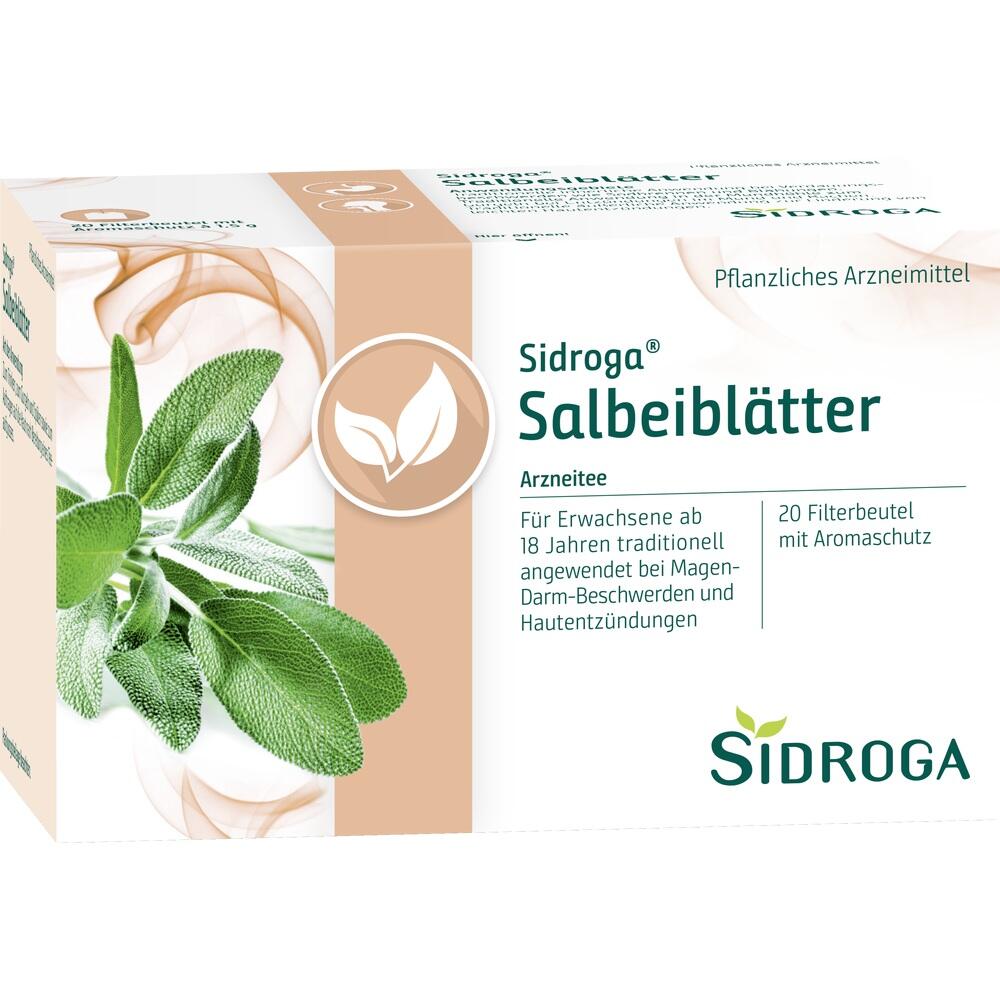 Verpackung von Sidroga Salbeiblätter-Arzneitee, 20 Teebeutel für Erwachsene.