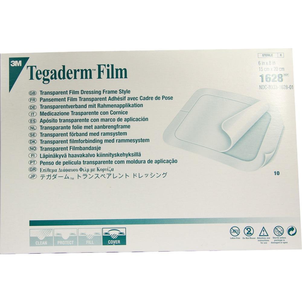 Verpackung von 3M Tegaderm, einem transparenten Wundverband mit Rahmen.