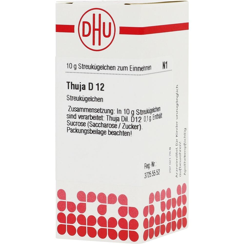 Weiße Medikamentenverpackung von Thuja D12 mit rotem Logo.