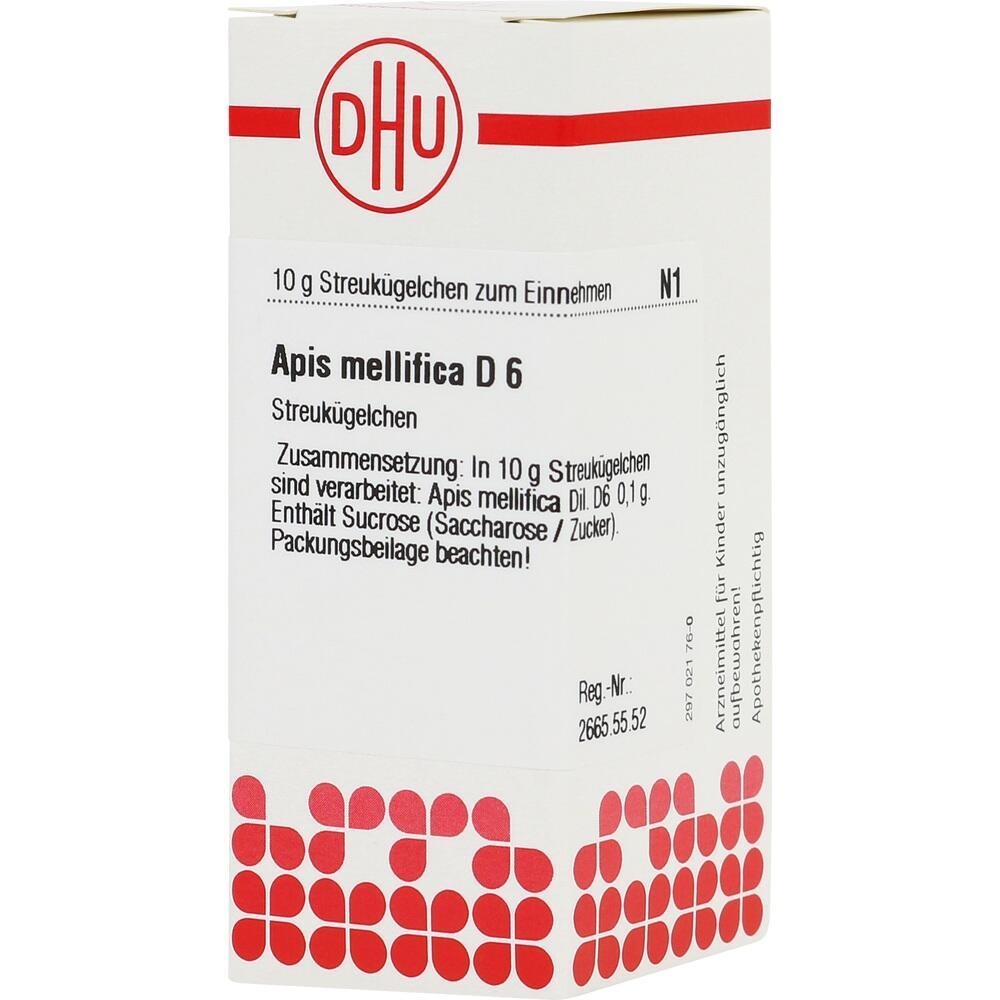 Eine Packung homöopathischer Streukügelchen mit dem Aufdruck "Apis mellifica D6".