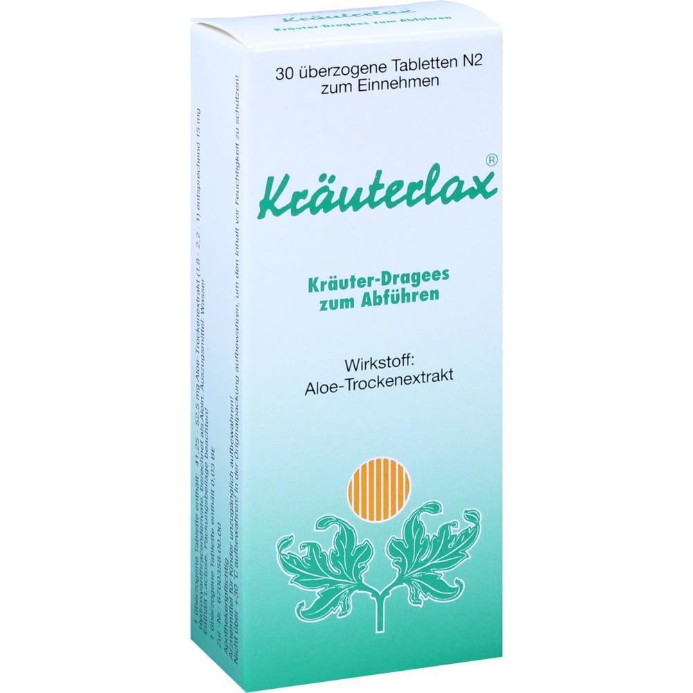 Weiße Verpackung von Kräuter-Abführtabletten mit Aloe-Extrakt als Wirkstoff.