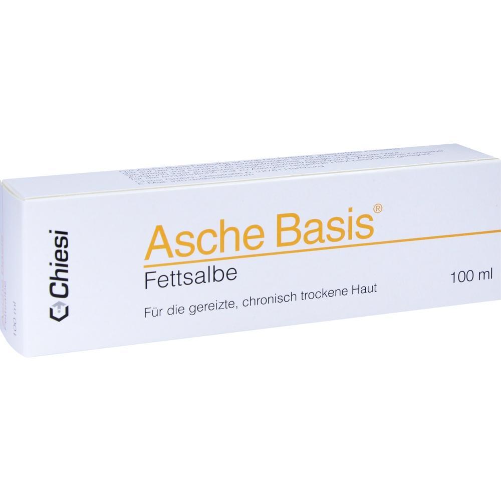 Wei&szlig;e Verpackung einer Fettsalbe f&uuml;r trockene Haut, mit Aufschrift "Asche Basis".
