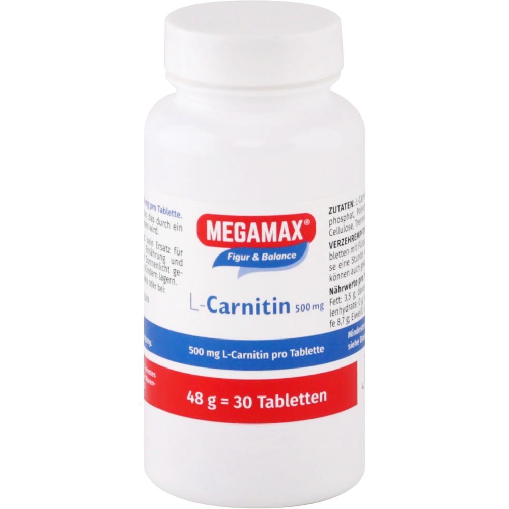 Eine weiße Pillenflasche mit der Aufschrift "L-Carnitin 500 mg".
