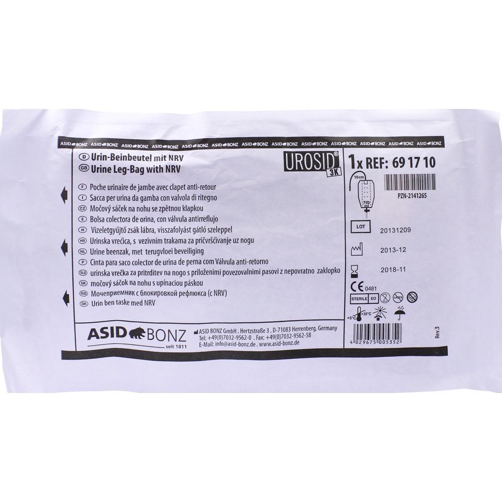 Verpackung eines Urin-Beinbeutels mit mehrsprachiger Beschreibung und Produktdetails.