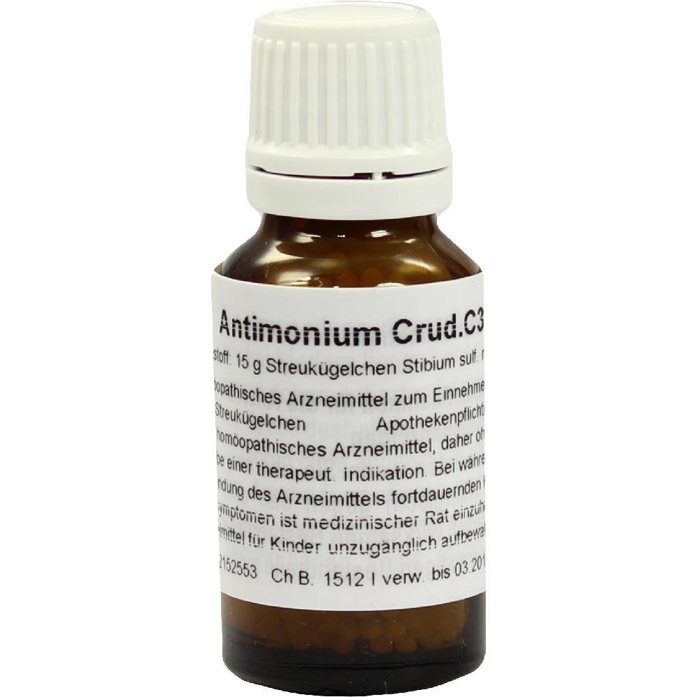Braunes Fläschchen mit weißem Etikett: Antimonium Crudum C3, ein homöopathisches Mittel.