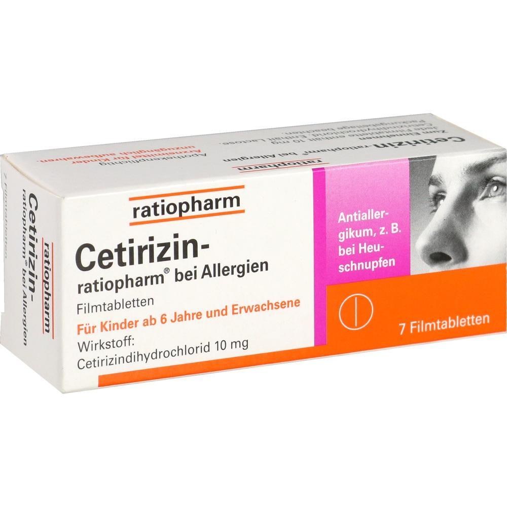 Eine Schachtel Cetirizin-Tabletten gegen Allergien für Kinder ab 6 Jahren und Erwachsene.