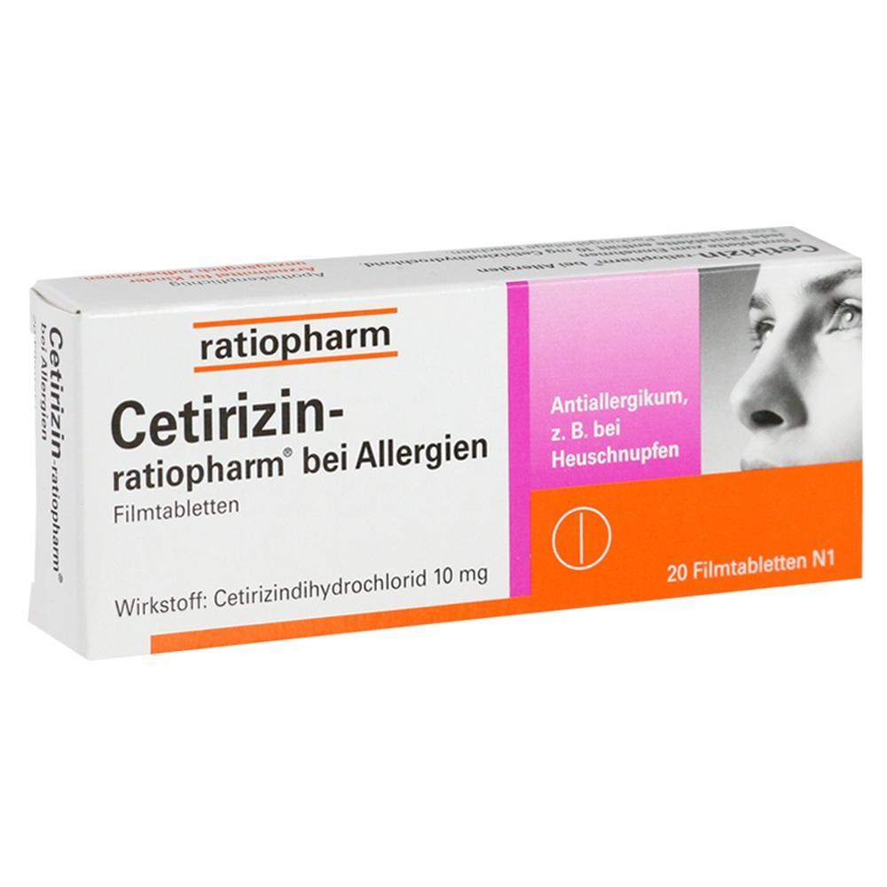 Packung von Cetirizin-Ratiopharm, einem Allergiemedikament.