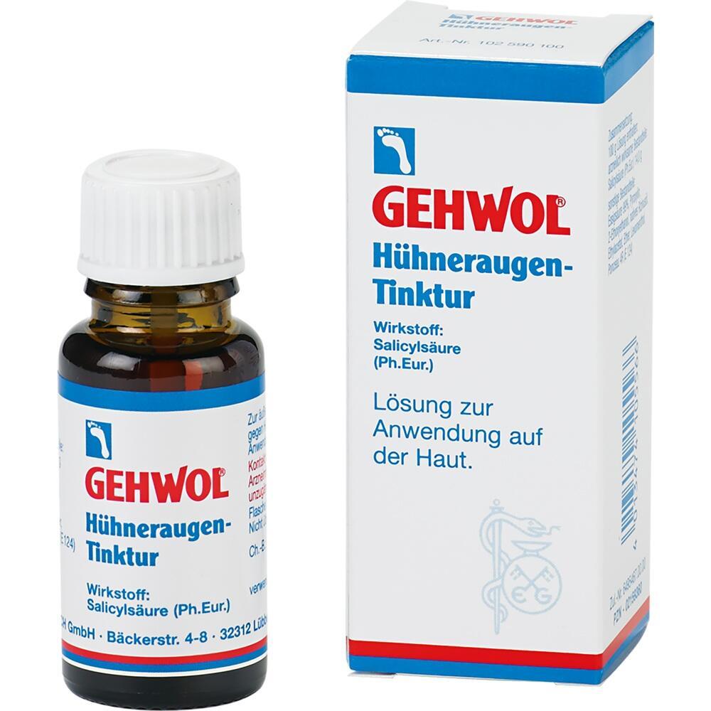 Eine Flasche und Packung von Gehwol Hühneraugen-Tinktur zur Hautanwendung.